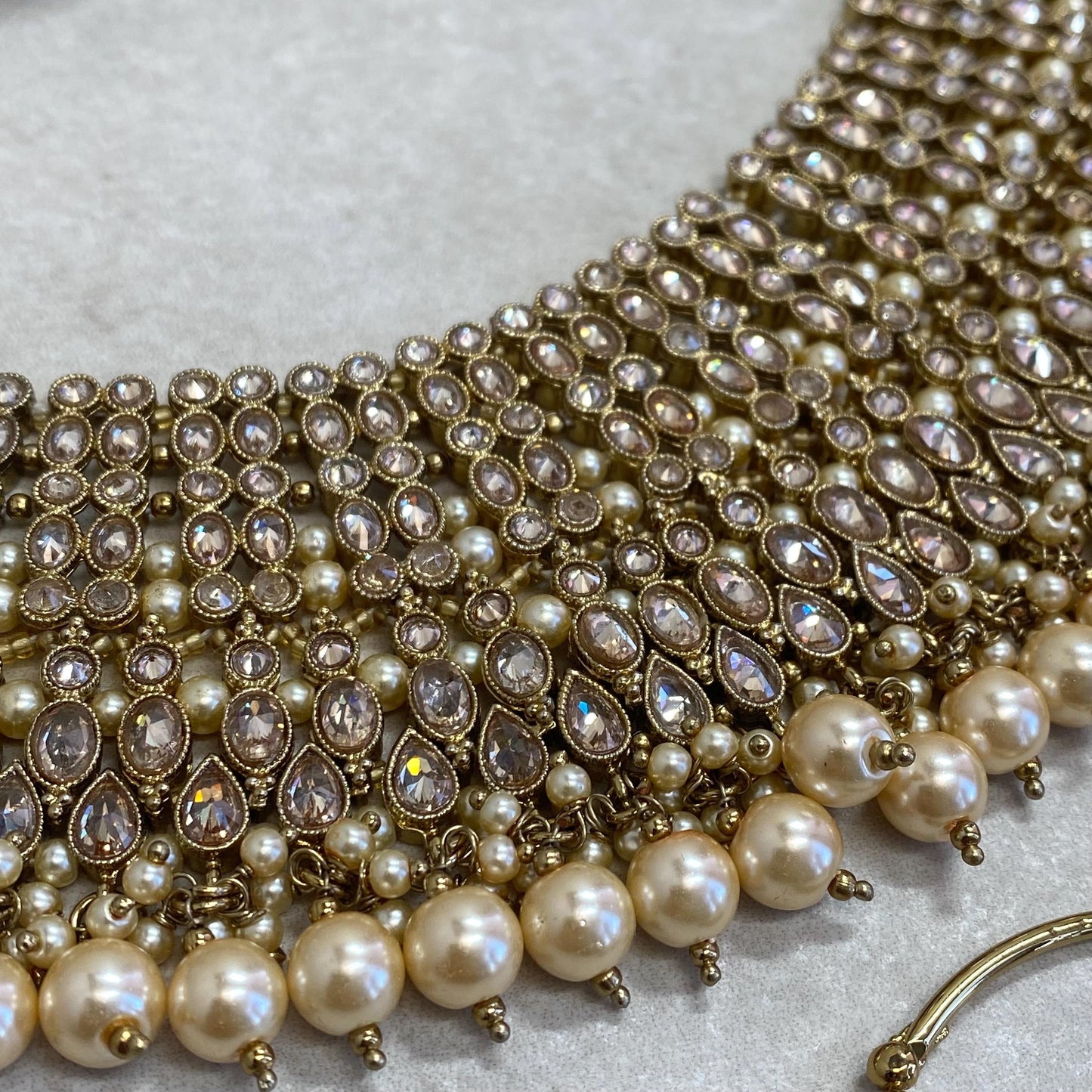 Pearl Gold Necklace Bridal Set Antique gold Champagne Crystals Jhumka Earring Tikka Jhumar Nose Ring Indian Pakistani Punjabi Style Wedding