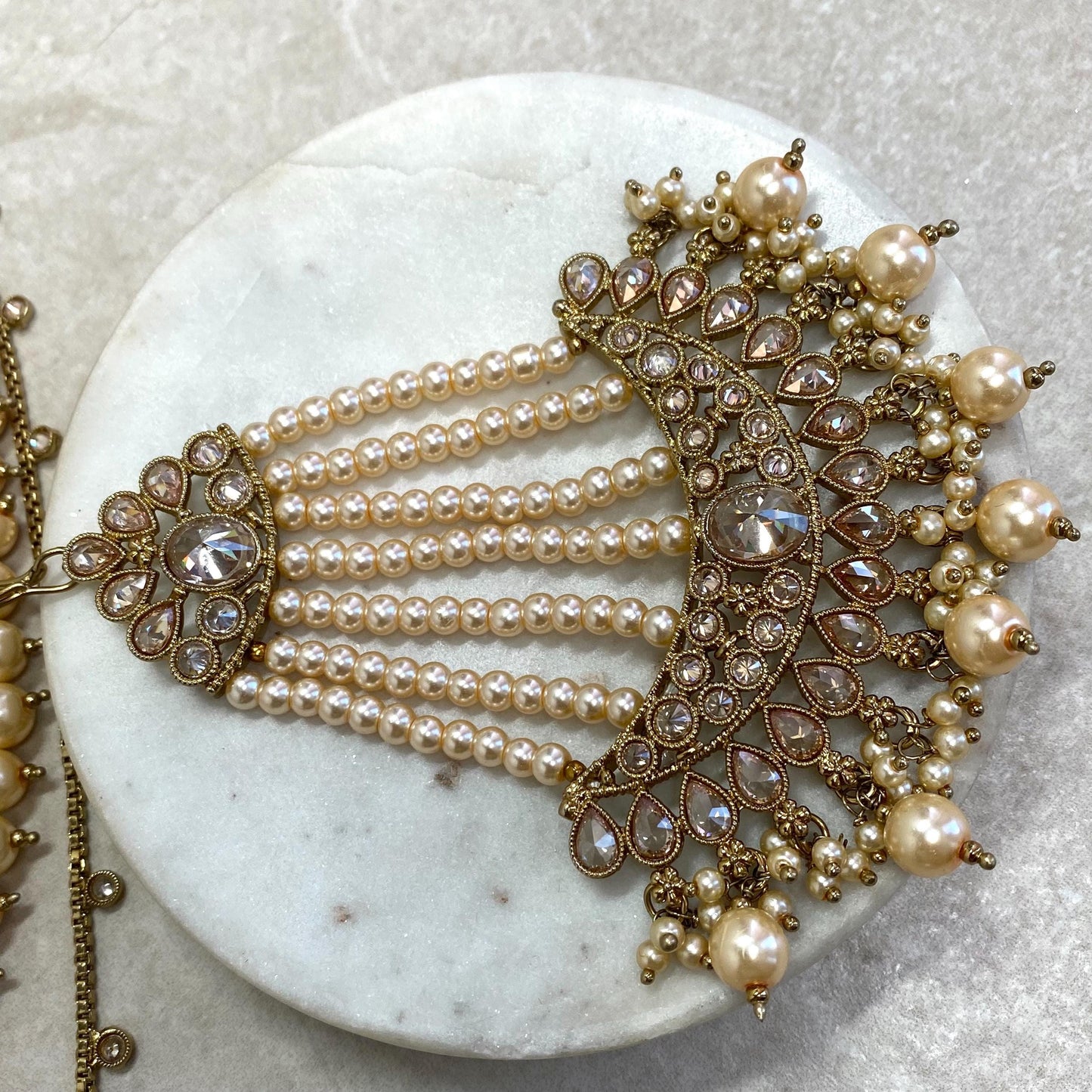 Pearl Gold Necklace Bridal Set Antique gold Champagne Crystals Jhumka Earring Tikka Jhumar Nose Ring Indian Pakistani Punjabi Style Wedding