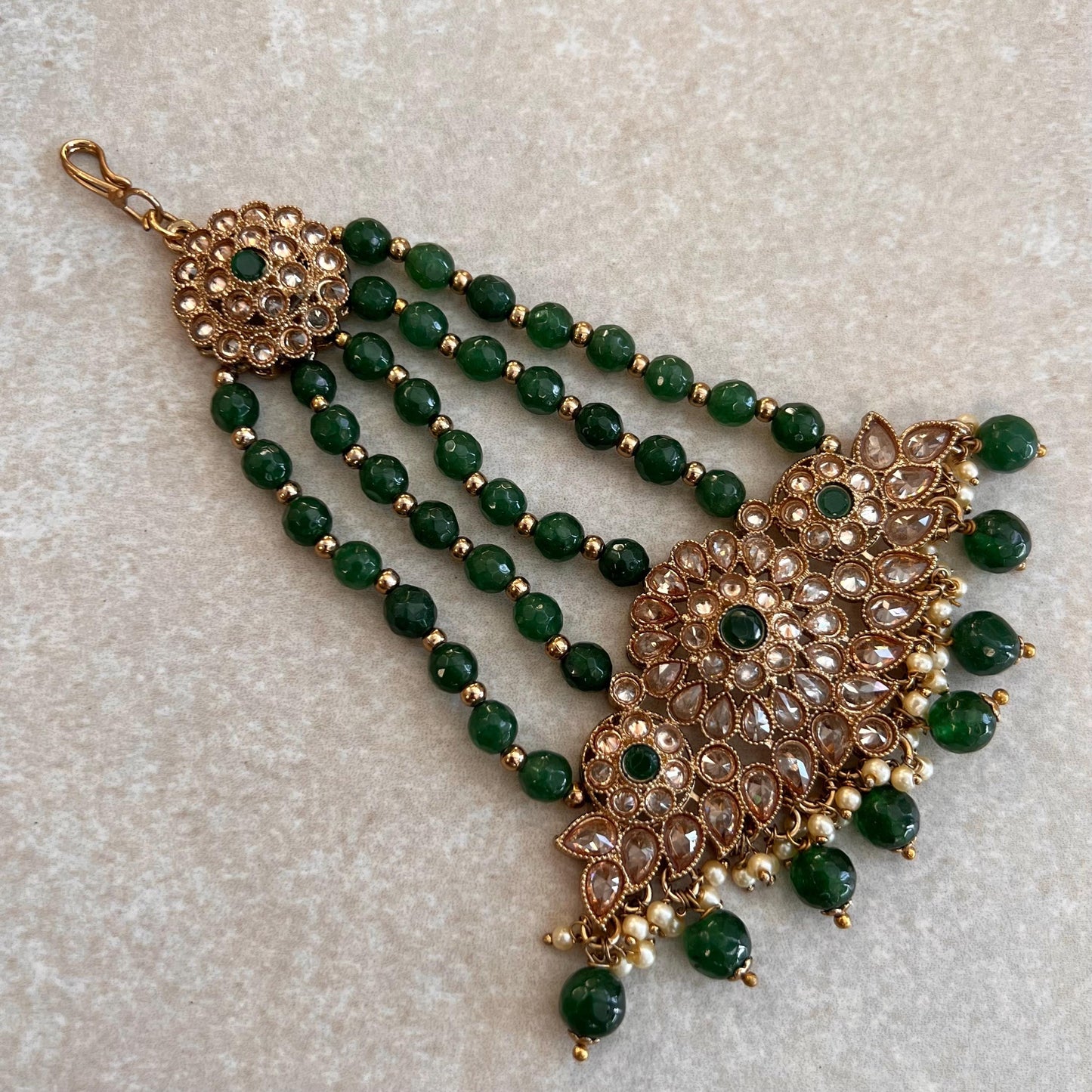 Jhumar/Green/Gold/Emerald Green Bead/Champagne Zircon Crystal/ Jhoomar / Passa/ Indian/ Pakistani Style/Head Piece High Quality
