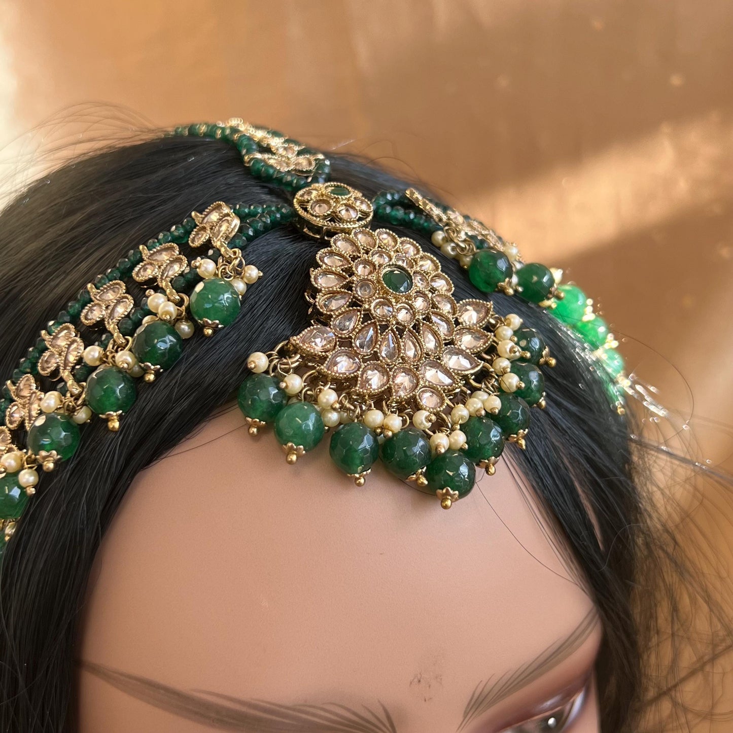 Green/ Golden Mathapatti /Indian/Pakistani/Fashion Jewellery/ Bridal Forehead Jewellery Headpiece/Bollywood /phoolpatti