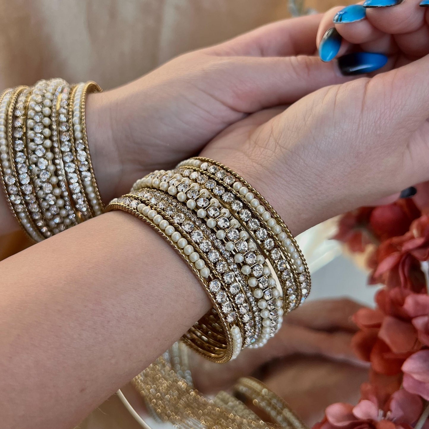 Pearly & Clear Bangle Set Both Arms - 2.8/Clear Bangle Set/Pearly Bangle Set/Antique Gold Bangles/Indian Bangles/Kada Style Bangles