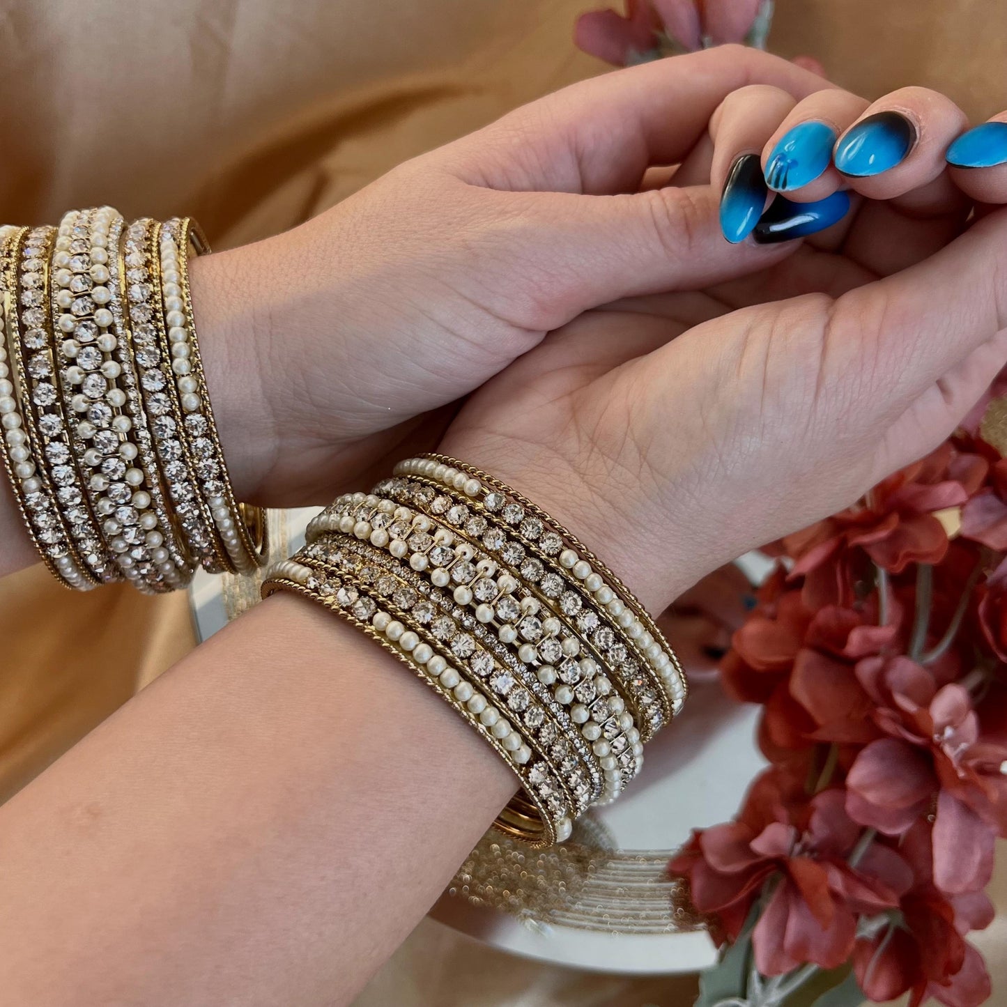 Pearly & Clear Bangle Set Both Arms - 2.8/Clear Bangle Set/Pearly Bangle Set/Antique Gold Bangles/Indian Bangles/Kada Style Bangles