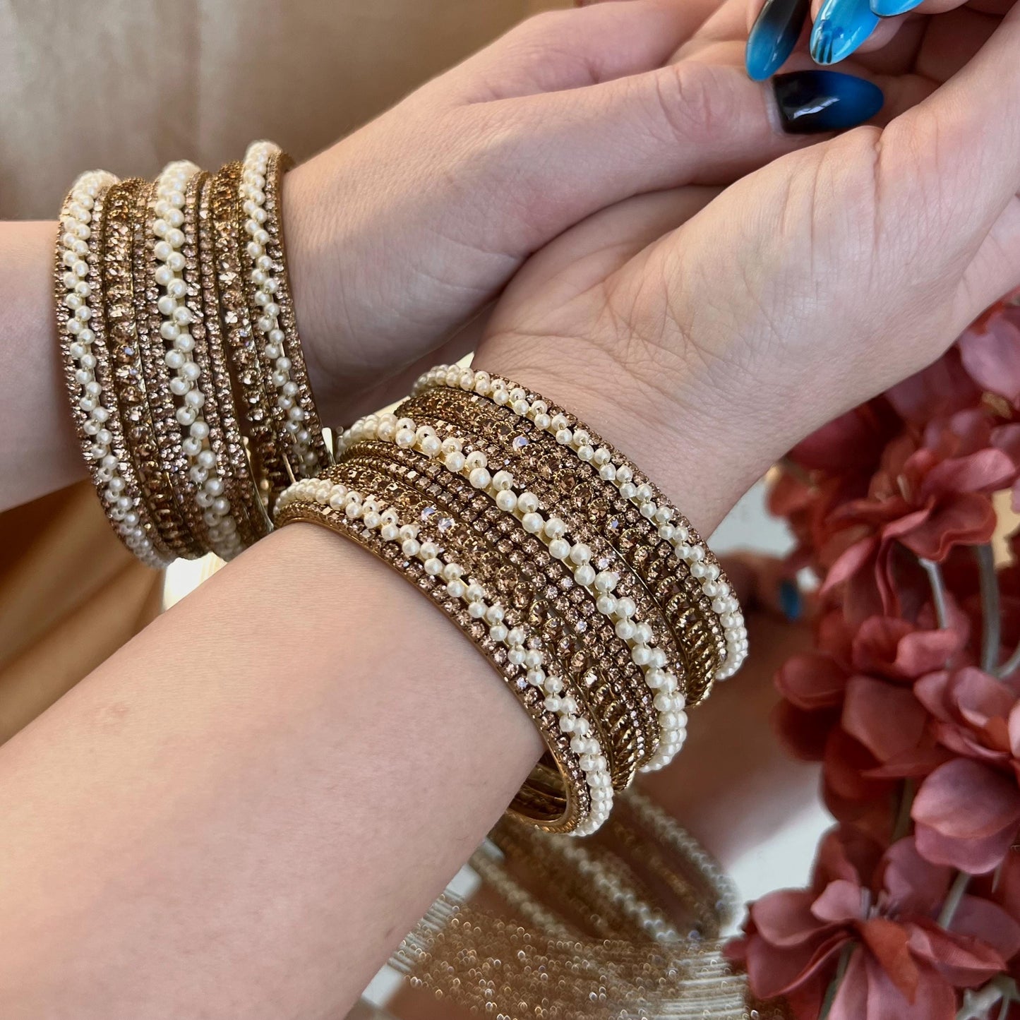 Golden Crystal Bangles for Both Arms - Antique Gold Base Both Arms - 2.8/Indian Bangles/Gold Bangles/Crystal Bangles/Indian Bangle Set