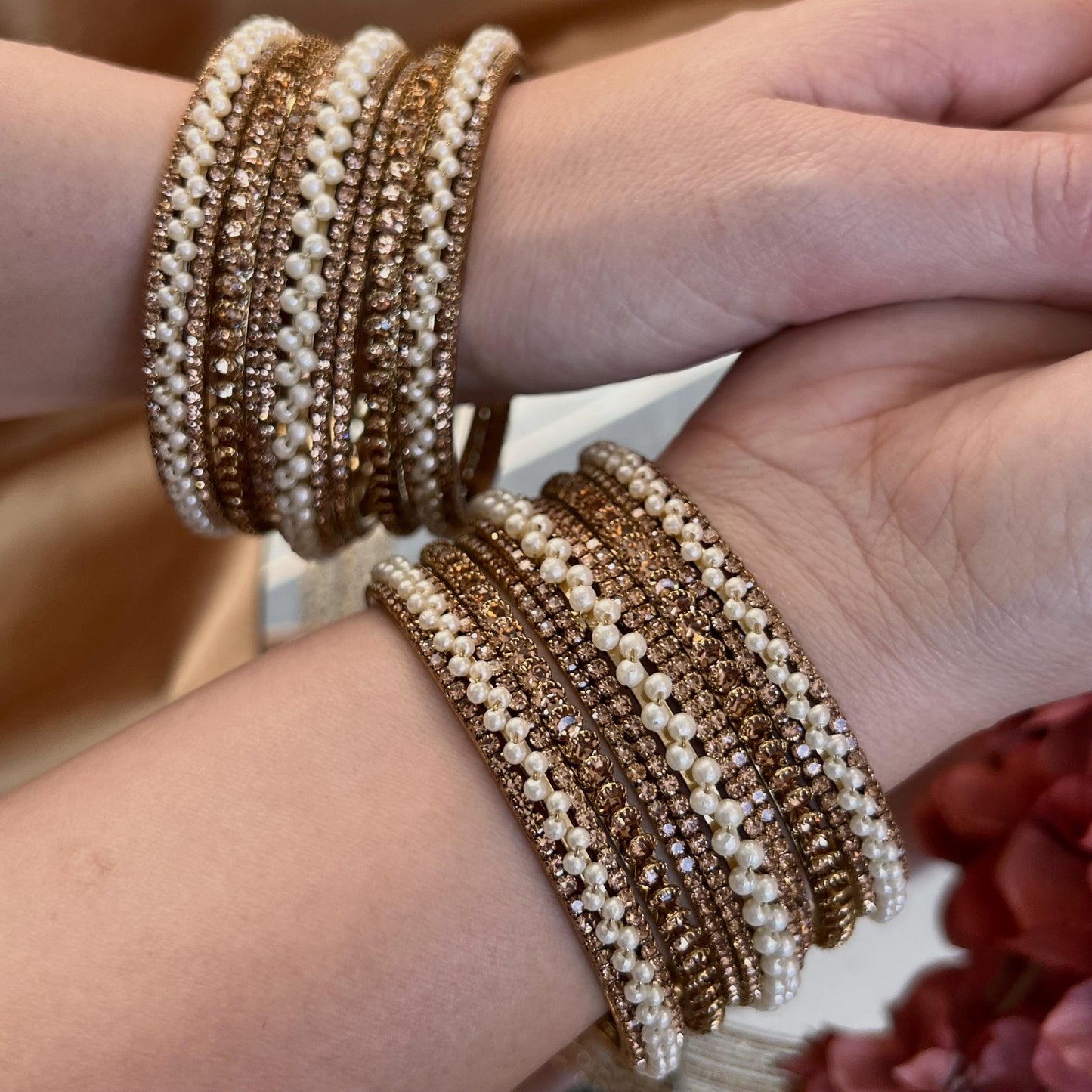 Golden Crystal Bangles for Both Arms - Antique Gold Base Both Arms - 2.8/Indian Bangles/Gold Bangles/Crystal Bangles/Indian Bangle Set