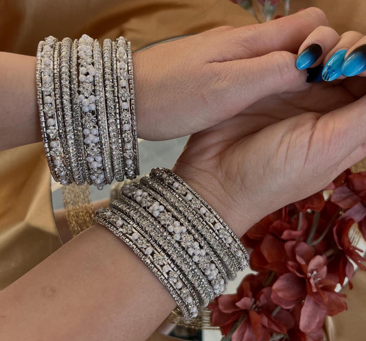 Silver Crystal Bangle Set Both Arms - 2.8/Silver Bangles/Indian Bangles/Silver Indian Bangle Sets/Bangle Collection/Pearly Bangles