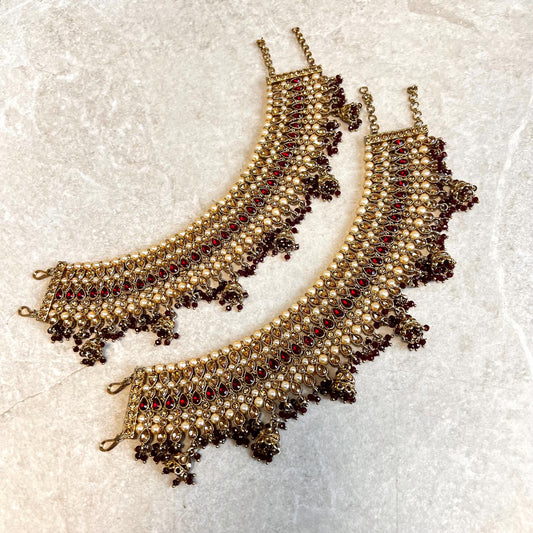 Extra Large Luxury Anklets - Maroon and Golden Rhinestone/ Bell Detail/Indian/ Pakistani Style Jhanjra/ Foot Accessory/ Bridal