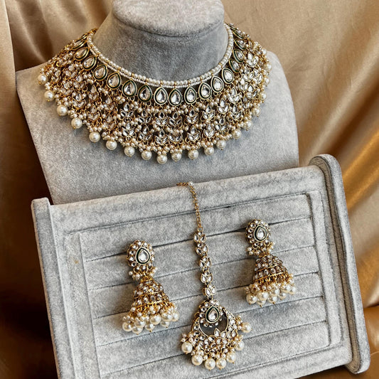 Green Large Faux Kundan Necklace Set Earring Tikka High Quality Bright Gold Emerald Green Indian Pakistani Bollywood Fashion Jewellery Gift