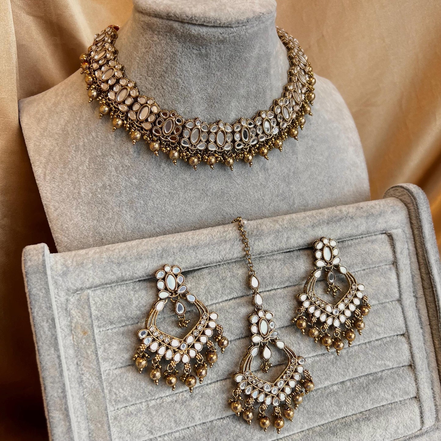 Gold Mirrored Pearl Necklace Set Earring Tikka Indian  Pakistani Fashion Jewellery Gift for Women Hand Made High Quality Rhinestones