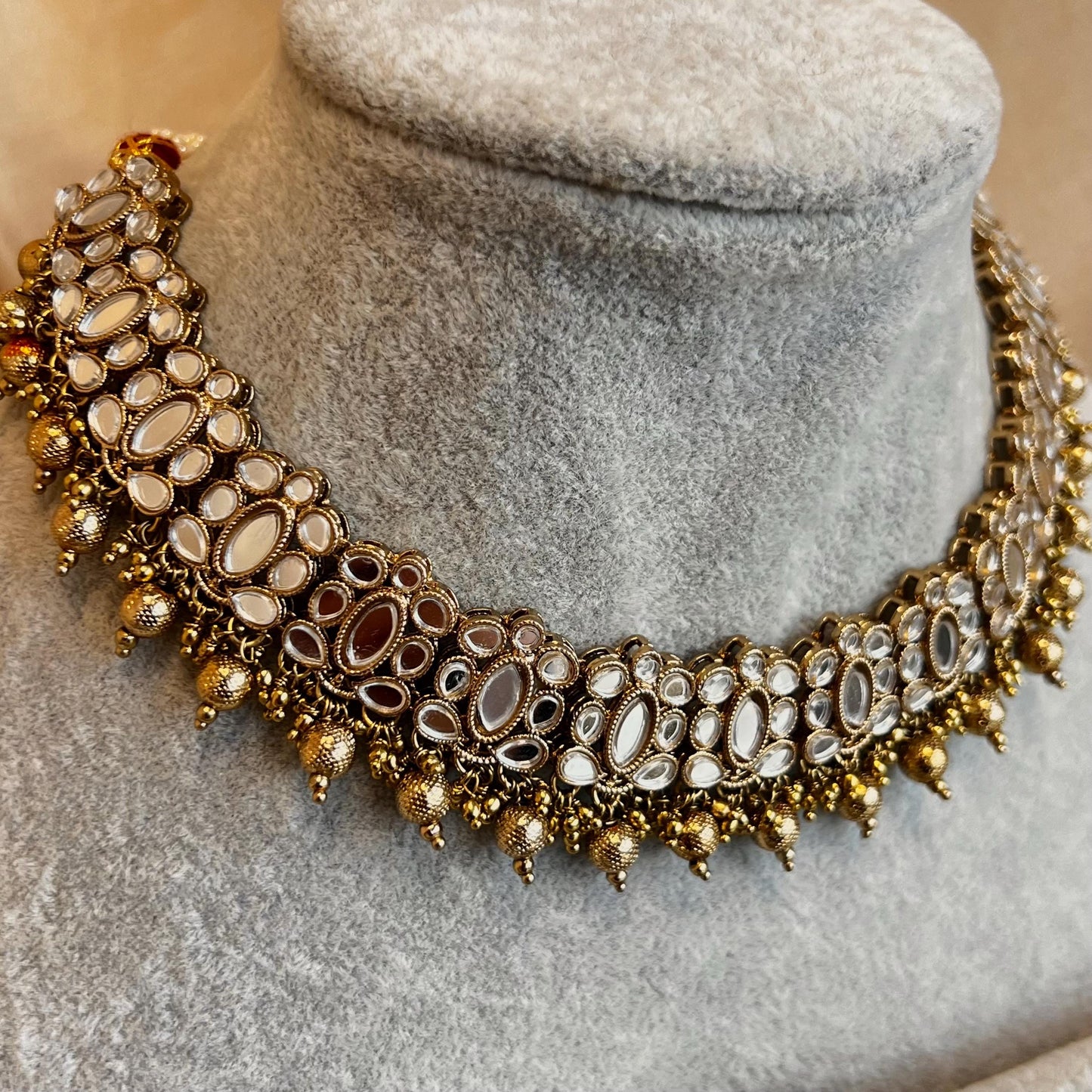 Gold Mirrored Pearl Necklace Set Earring Tikka Indian  Pakistani Fashion Jewellery Gift for Women Hand Made High Quality Rhinestones