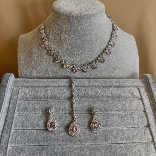 Pink & Silver Elegant Indian Necklace Set/Pink Necklace Set/ Pink Jewellery/ Fashion Jewellery/ Necklace set