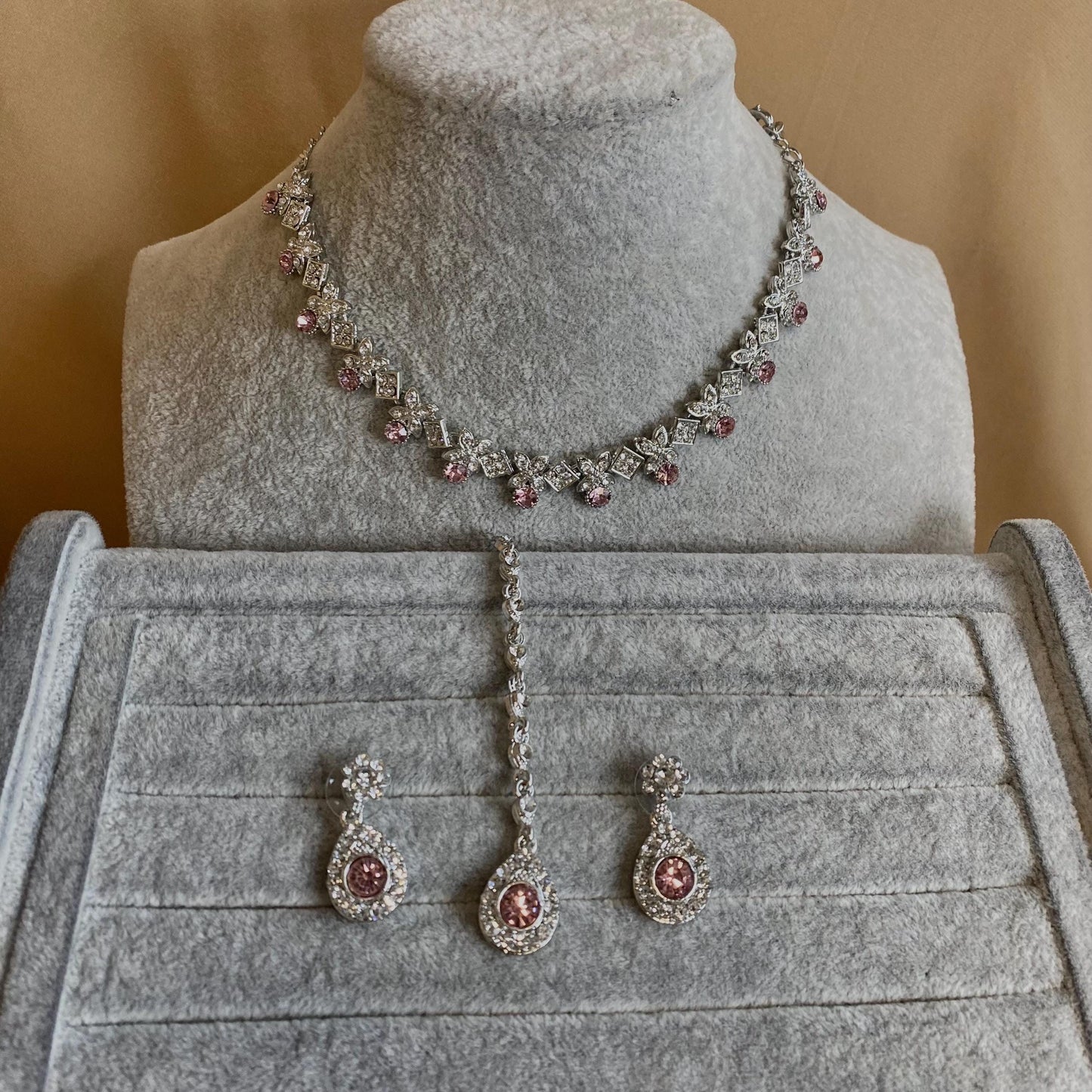 Pink & Silver Elegant Indian Necklace Set/Pink Necklace Set/ Pink Jewellery/ Fashion Jewellery/ Necklace set