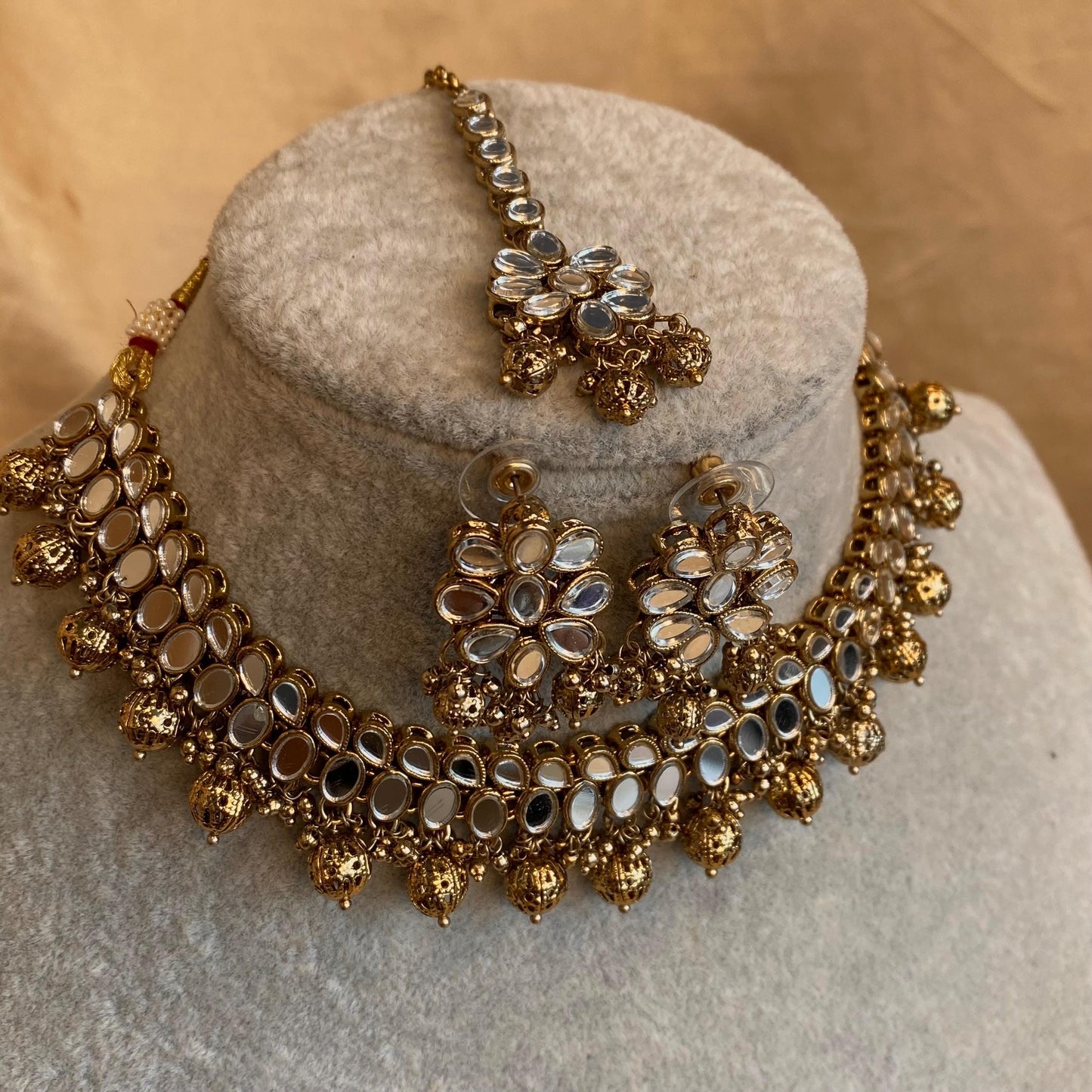 Gold Ball Mirrored Necklace Set Earring Tikka Indian Pakistani Fashion Jewellery Gift for Women Hand Made High Quality Wedding set