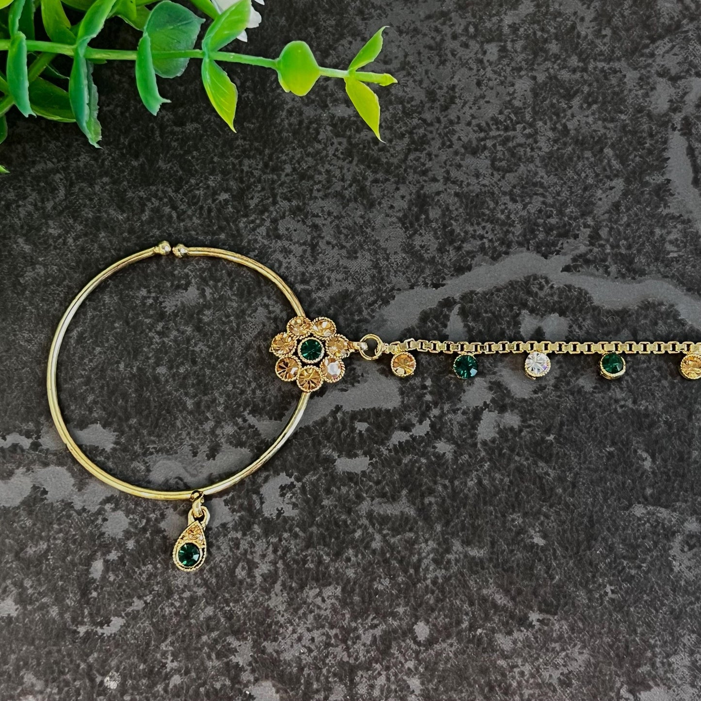 Green & Golden Antique Gold Indian Slide Type Nose Ring - Left Side Only/ Fashion Jewellery/ Gift for Women/Indian/Pakistani style/Nath