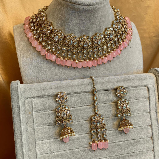 Pink Necklace Set - Antique Gold Clear Zircon Crystal Jhumka Earring/ Tikka/ Tikli/ Indian/ Pakistani/Fashion Jewellery/ Gift for Women