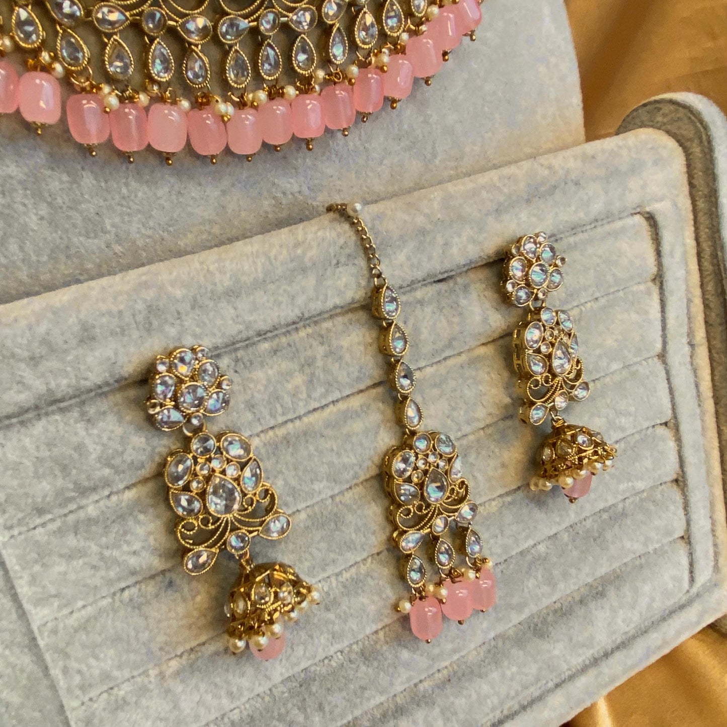 Pink Necklace Set - Antique Gold Clear Zircon Crystal Jhumka Earring/ Tikka/ Tikli/ Indian/ Pakistani/Fashion Jewellery/ Gift for Women