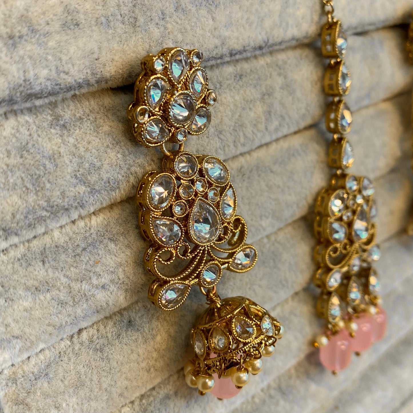 Pink Necklace Set - Antique Gold Clear Zircon Crystal Jhumka Earring/ Tikka/ Tikli/ Indian/ Pakistani/Fashion Jewellery/ Gift for Women