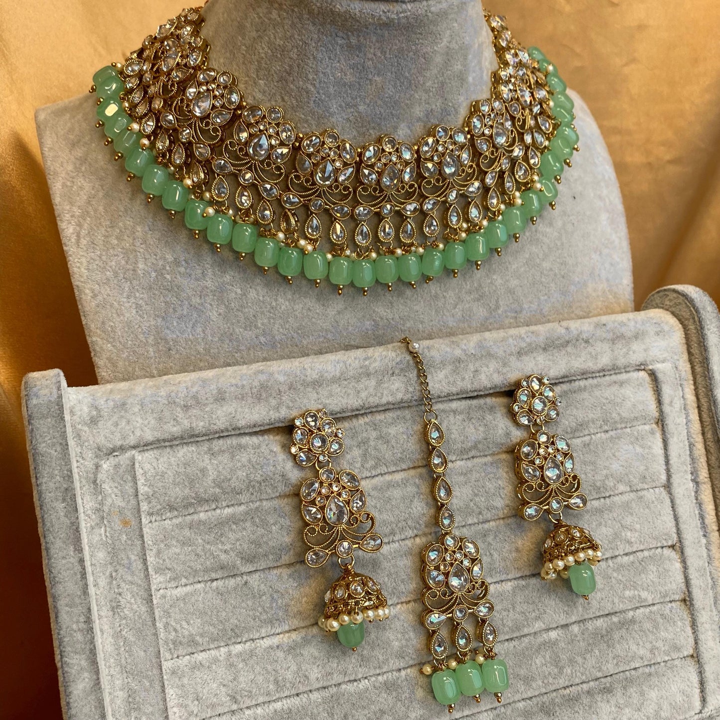 Mint Necklace Set - Antique Gold Clear Zircon Crystal Jhumka Earring/ Tikka/ Tikli/ Indian/ Pakistani/Fashion Jewellery/ Gift for Women