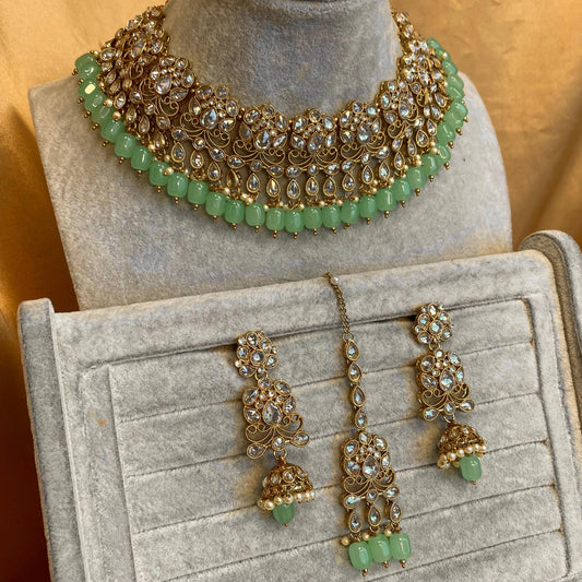 Mint Necklace Set - Antique Gold Clear Zircon Crystal Jhumka Earring/ Tikka/ Tikli/ Indian/ Pakistani/Fashion Jewellery/ Gift for Women