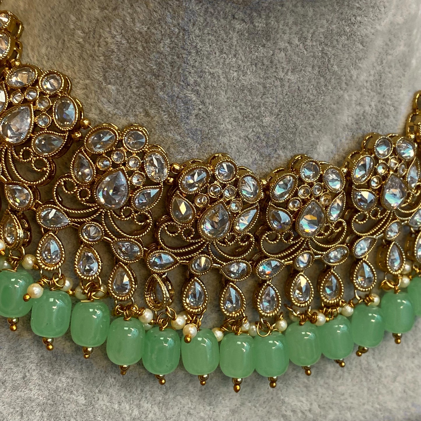 Mint Necklace Set - Antique Gold Clear Zircon Crystal Jhumka Earring/ Tikka/ Tikli/ Indian/ Pakistani/Fashion Jewellery/ Gift for Women