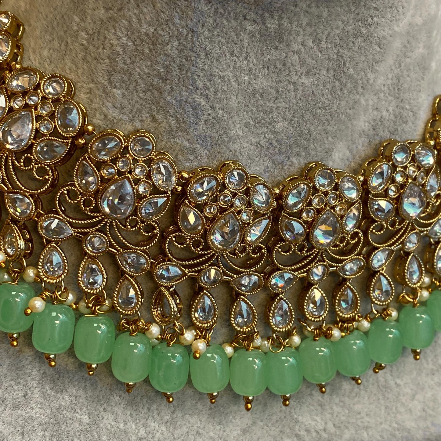 Mint Necklace Set - Antique Gold Clear Zircon Crystal Jhumka Earring/ Tikka/ Tikli/ Indian/ Pakistani/Fashion Jewellery/ Gift for Women