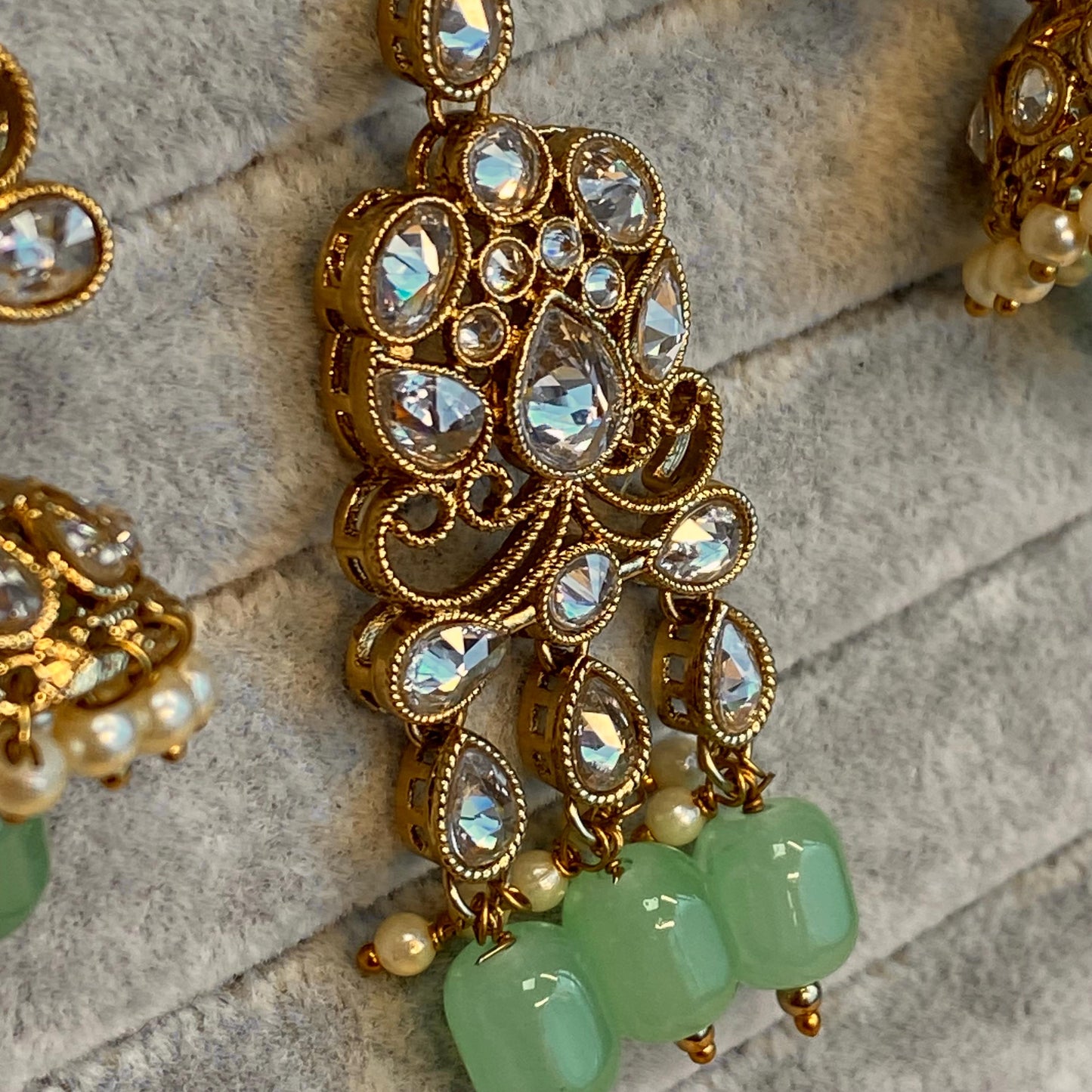 Mint Necklace Set - Antique Gold Clear Zircon Crystal Jhumka Earring/ Tikka/ Tikli/ Indian/ Pakistani/Fashion Jewellery/ Gift for Women