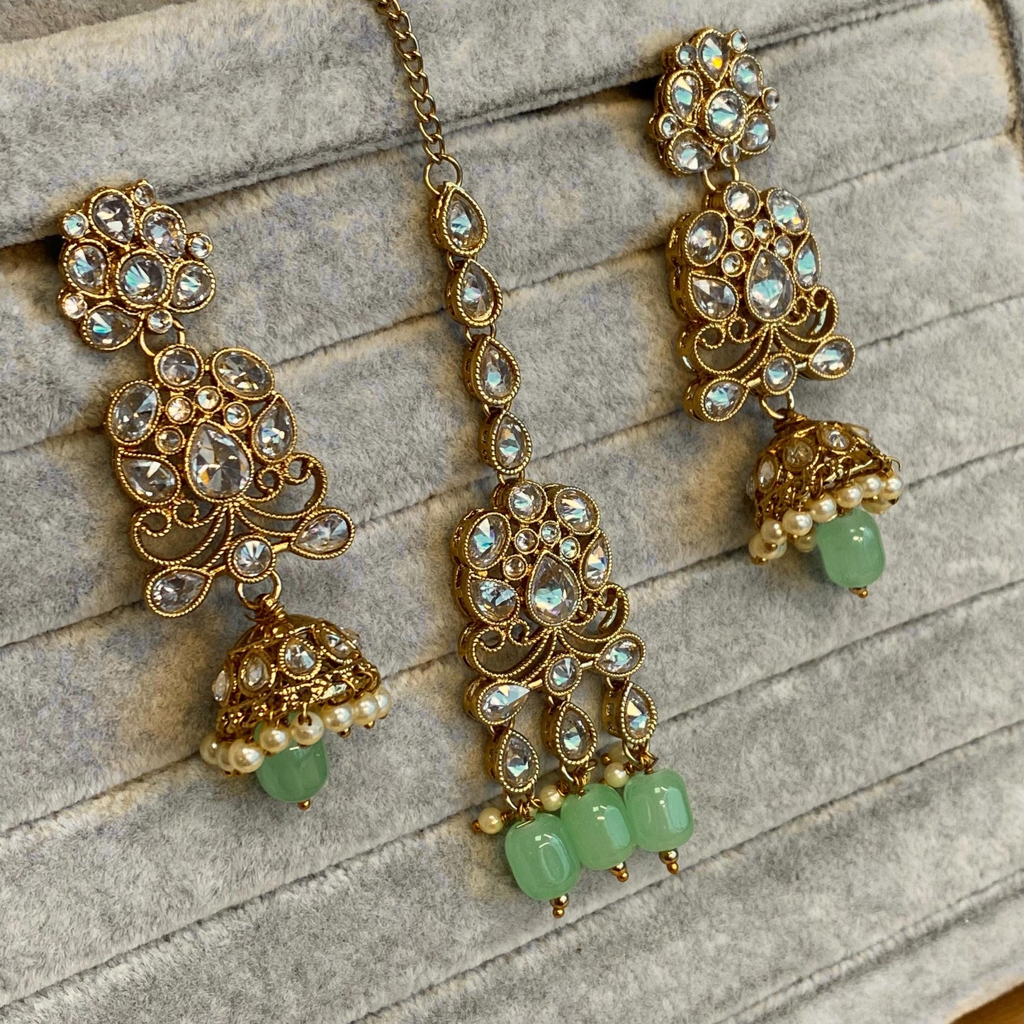 Mint Necklace Set - Antique Gold Clear Zircon Crystal Jhumka Earring/ Tikka/ Tikli/ Indian/ Pakistani/Fashion Jewellery/ Gift for Women