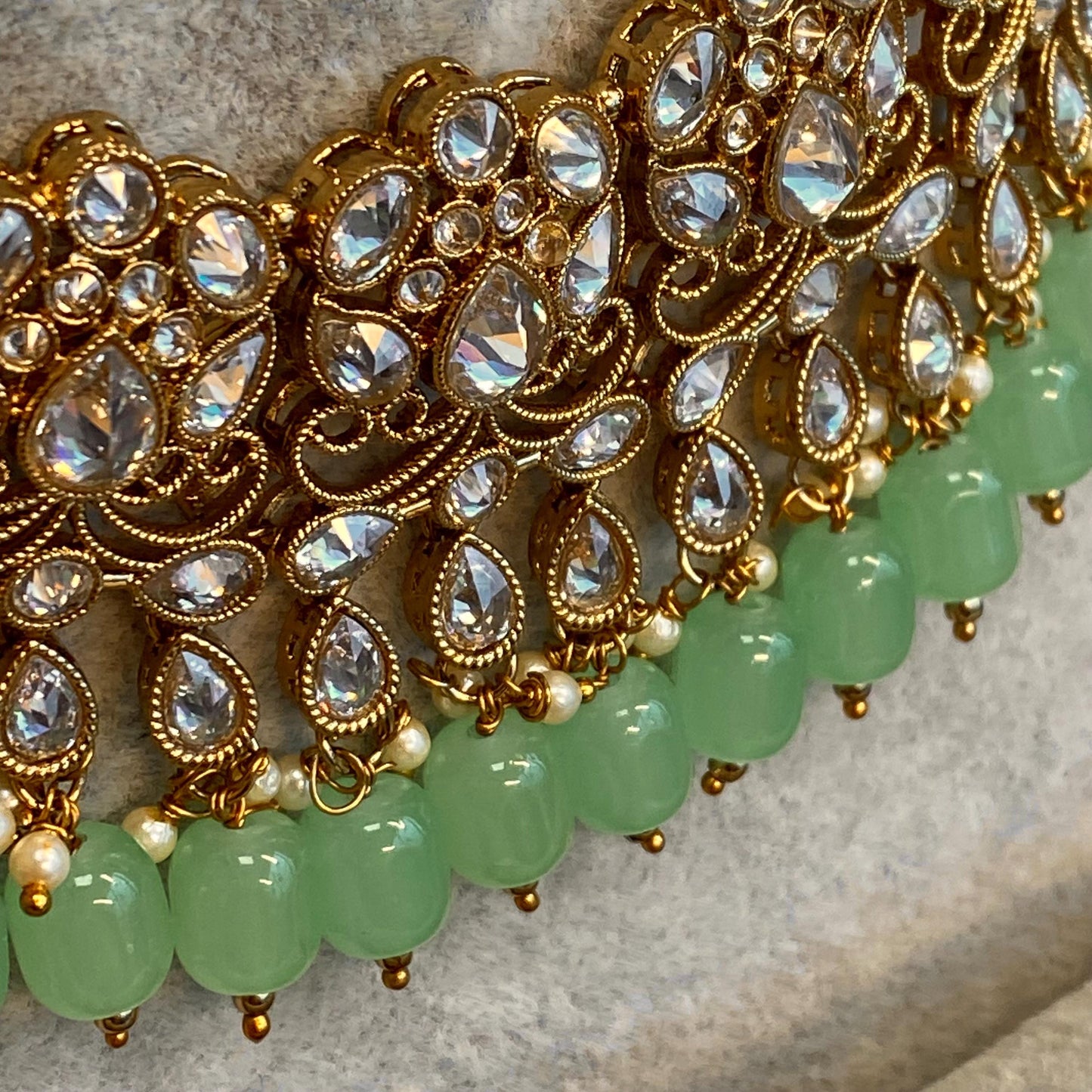 Mint Necklace Set - Antique Gold Clear Zircon Crystal Jhumka Earring/ Tikka/ Tikli/ Indian/ Pakistani/Fashion Jewellery/ Gift for Women