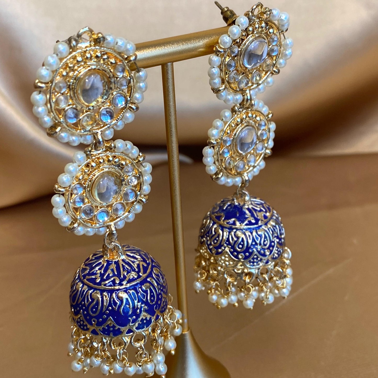 Navy Blue Long Jumka Faux Kundan Clear Earring Indian Pakistani Style Fashion Jewellery Sale