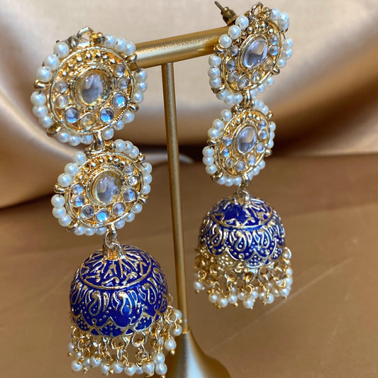 Navy Blue Long Jumka Faux Kundan Clear Earring Indian Pakistani Style Fashion Jewellery Sale