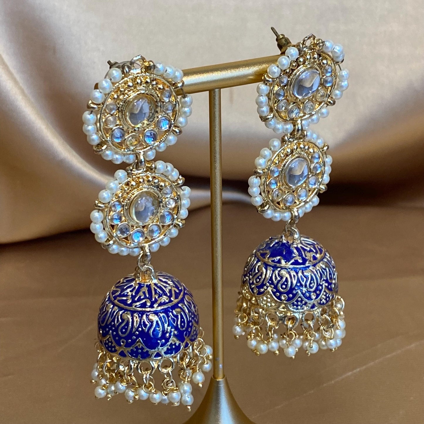 Navy Blue Long Jumka Faux Kundan Clear Earring Indian Pakistani Style Fashion Jewellery Sale