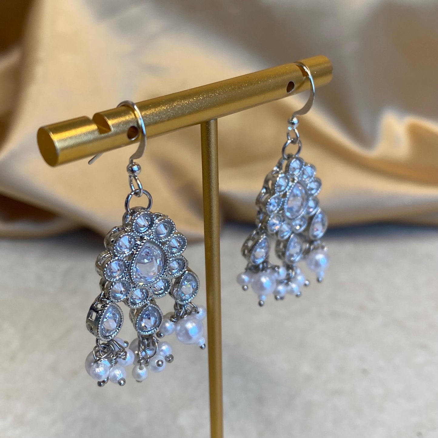 Silver White Pearl Lightweight Earring with Clear Zircon Crystal High Quality Gift Indian Pakistani Handmade