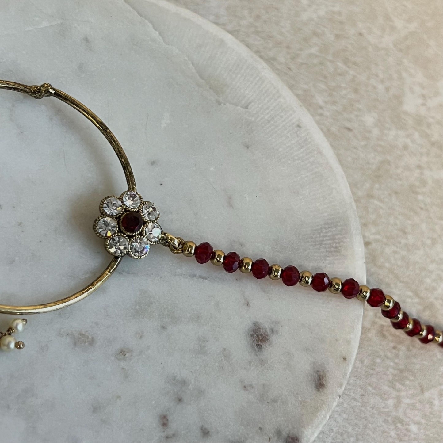 Medium Maroon & Clear Antique Gold Slide Type Nose Ring-  Left Side - Slightly Imperfect/ Nose rings for Women/Indian/Pakistani style