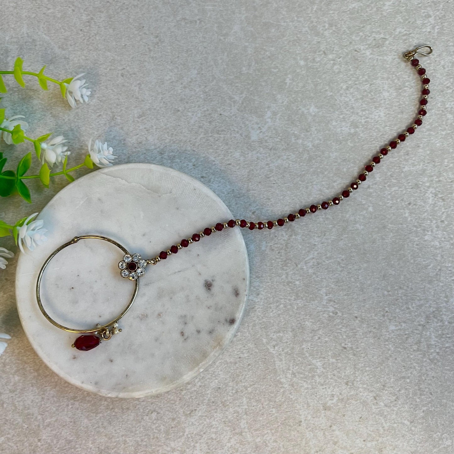 Medium Maroon & Clear Antique Gold Slide Type Nose Ring-  Left Side - Slightly Imperfect/ Nose rings for Women/Indian/Pakistani style