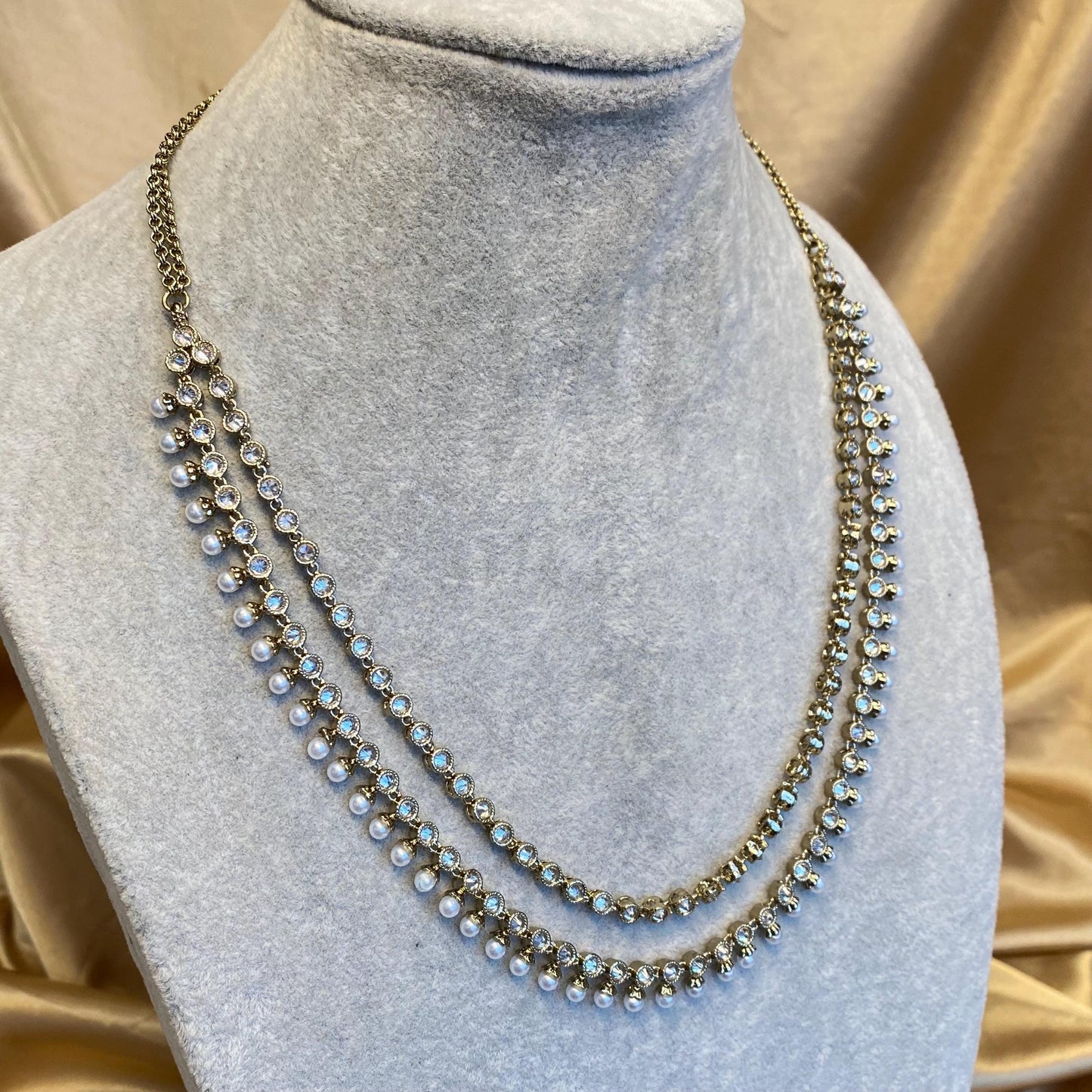 Pearl Thin Necklace Indian/ Pakistani/Fashion Jewellery/ Gift for Women/ Antique Gold with Clear Zircon Crystal