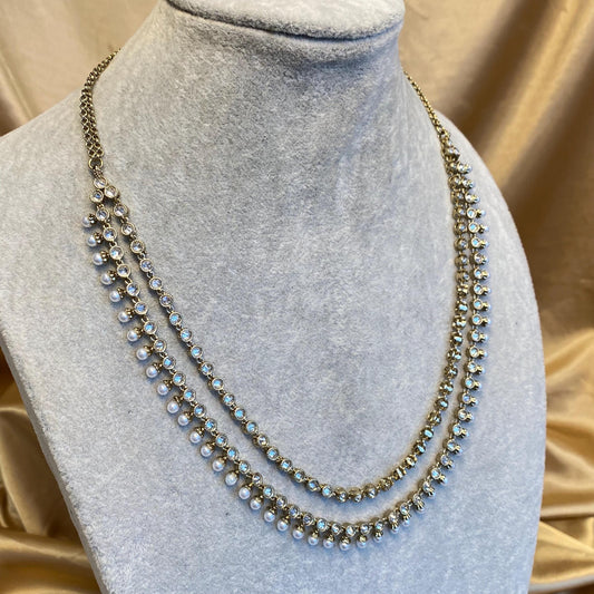 Pearl Thin Necklace Indian/ Pakistani/Fashion Jewellery/ Gift for Women/ Antique Gold with Clear Zircon Crystal