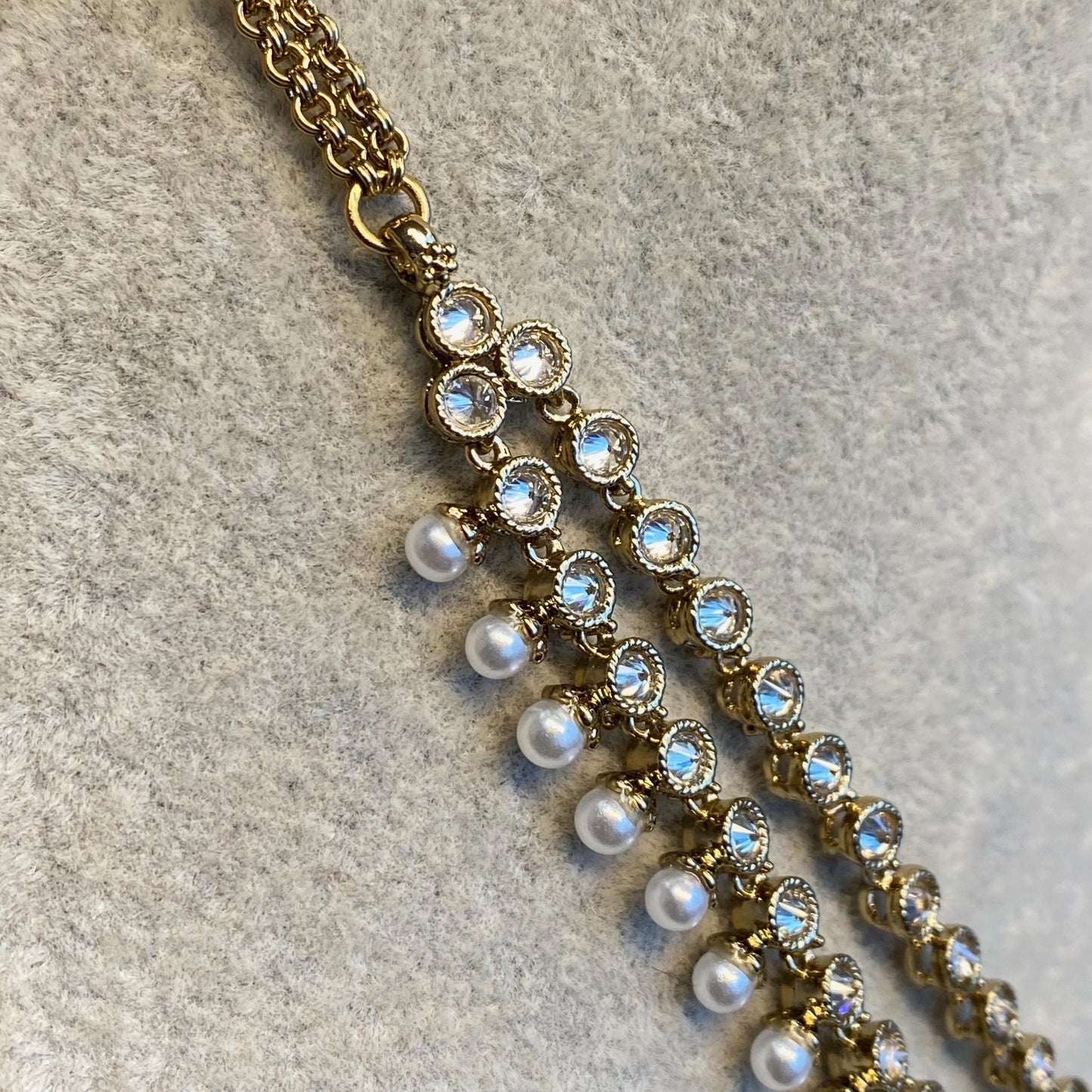 Pearl Thin Necklace Indian/ Pakistani/Fashion Jewellery/ Gift for Women/ Antique Gold with Clear Zircon Crystal