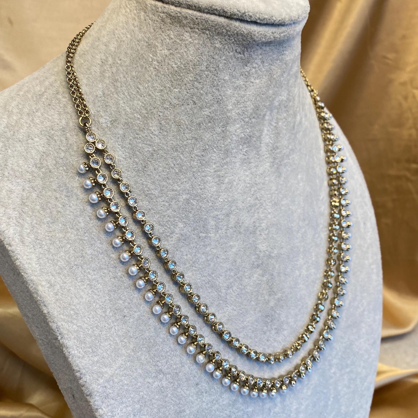 Pearl Thin Necklace Indian/ Pakistani/Fashion Jewellery/ Gift for Women/ Antique Gold with Clear Zircon Crystal