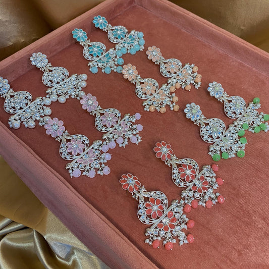 Large Silver Flat Earring 3 inch Rhinestone Indian Pakistani Bollywood Fashion Jewellery Gift High Quality Eid Wedding Party Set