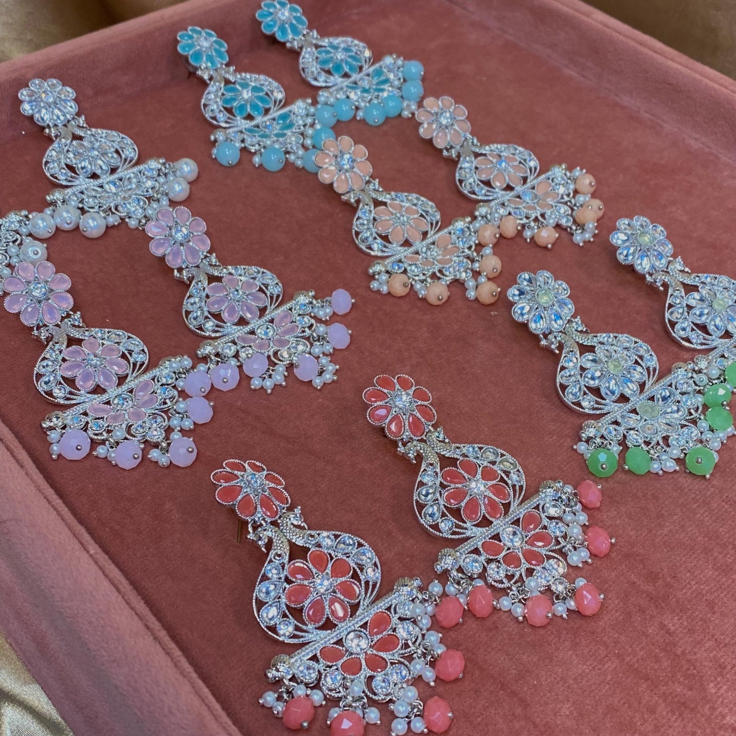 Large Silver Flat Earring 3 inch Rhinestone Indian Pakistani Bollywood Fashion Jewellery Gift High Quality Eid Wedding Party Set