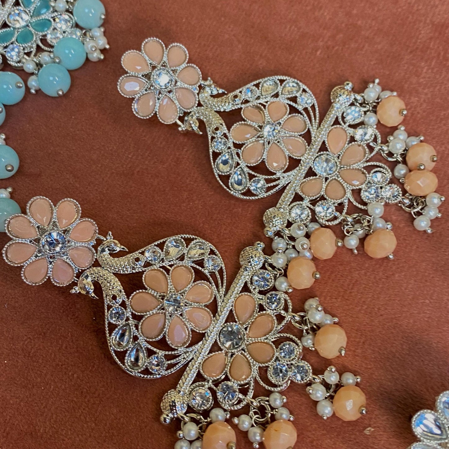 Large Silver Flat Earring 3 inch Rhinestone Indian Pakistani Bollywood Fashion Jewellery Gift High Quality Eid Wedding Party Set