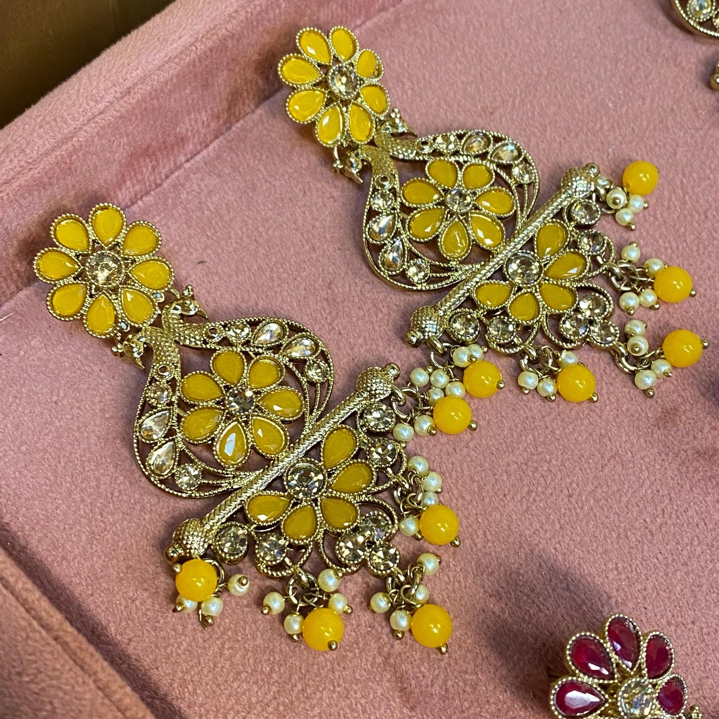 Large Golden Flat Earring 3 inch Rhinestone Indian Pakistani Bollywood Fashion Jewellery Gift High Quality Eid Wedding Party Set