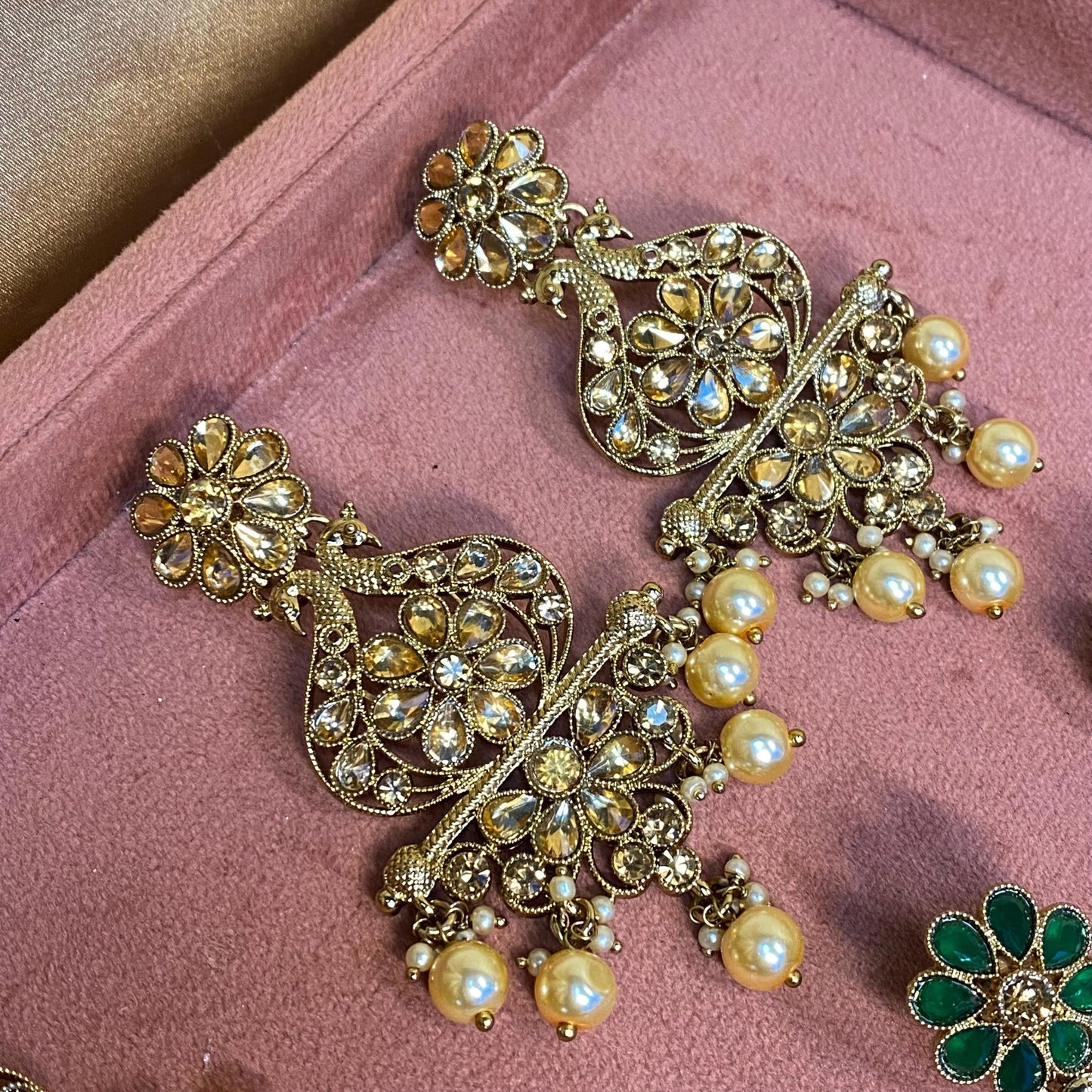 Large Golden Flat Earring 3 inch Rhinestone Indian Pakistani Bollywood Fashion Jewellery Gift High Quality Eid Wedding Party Set