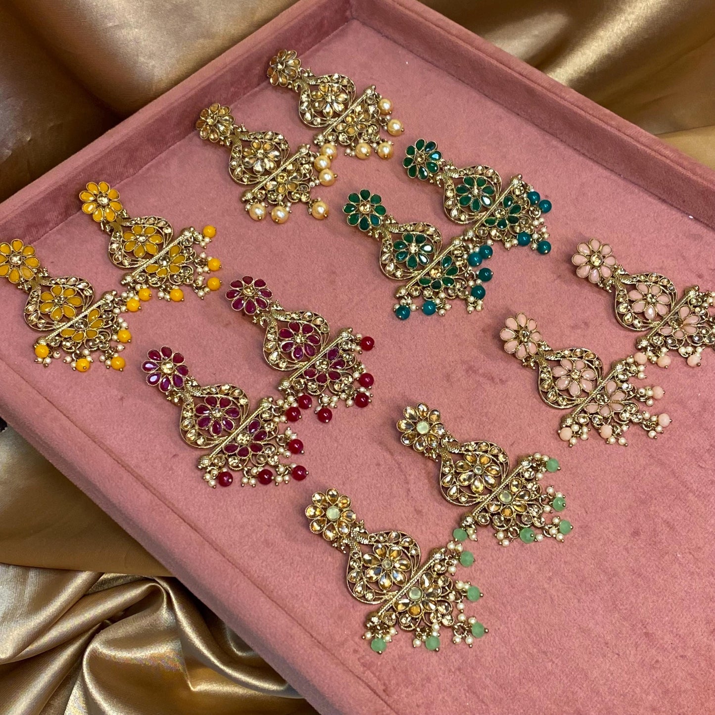 Large Golden Flat Earring 3 inch Rhinestone Indian Pakistani Bollywood Fashion Jewellery Gift High Quality Eid Wedding Party Set