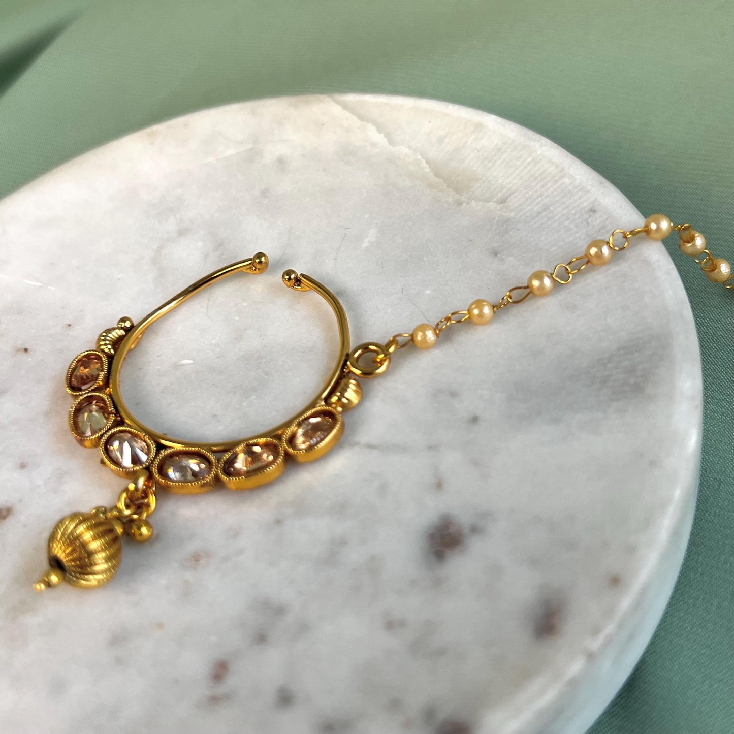 Bright Gold Non-Piercing Nose Ring Pearly Chain Included/ Fashion Jewellery/ Gift/ Indian/Nath /Indian Nose Jewellery/Slide Type Nose Ring