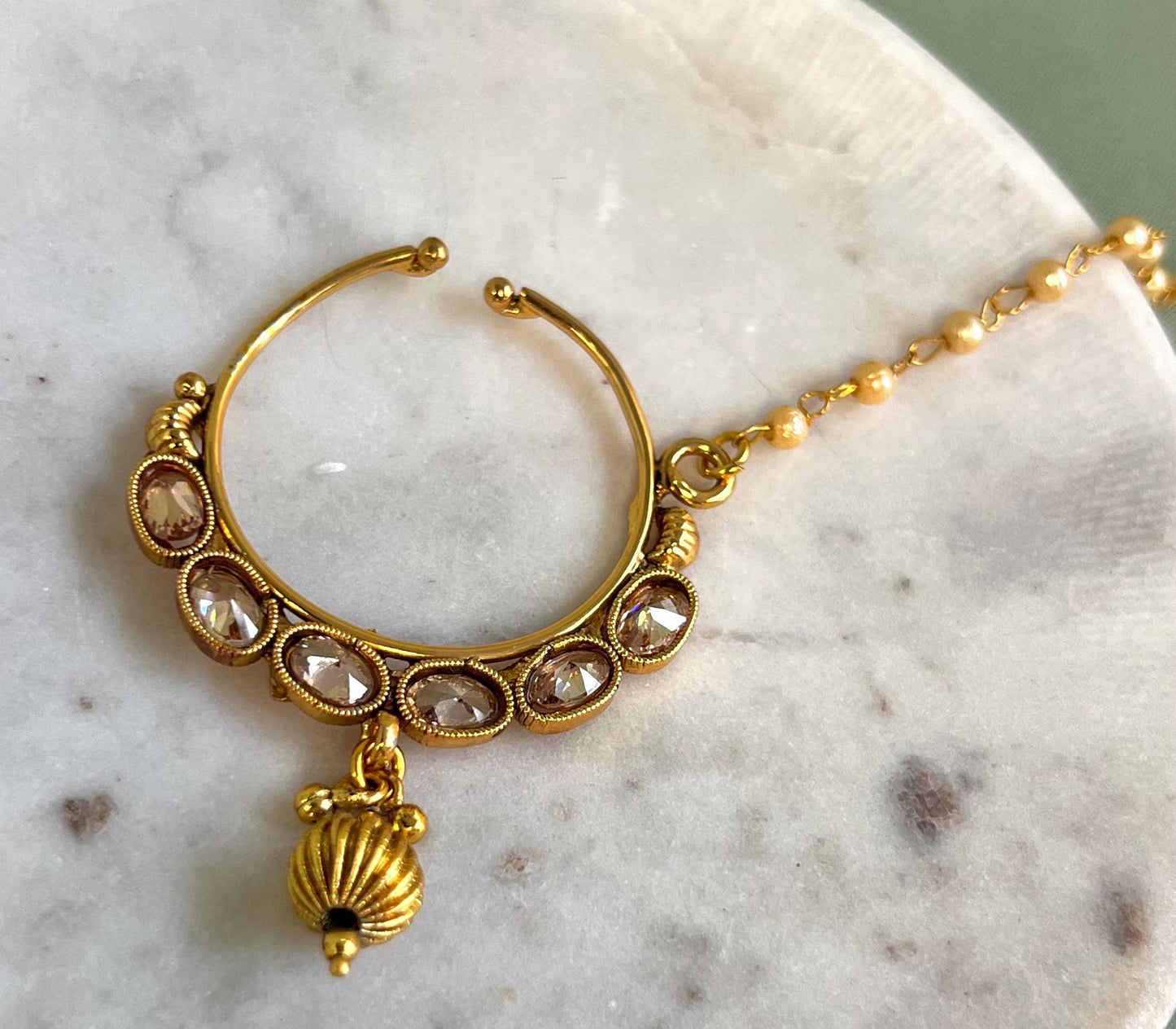 Bright Gold Non-Piercing Nose Ring Pearly Chain Included/ Fashion Jewellery/ Gift/ Indian/Nath /Indian Nose Jewellery/Slide Type Nose Ring