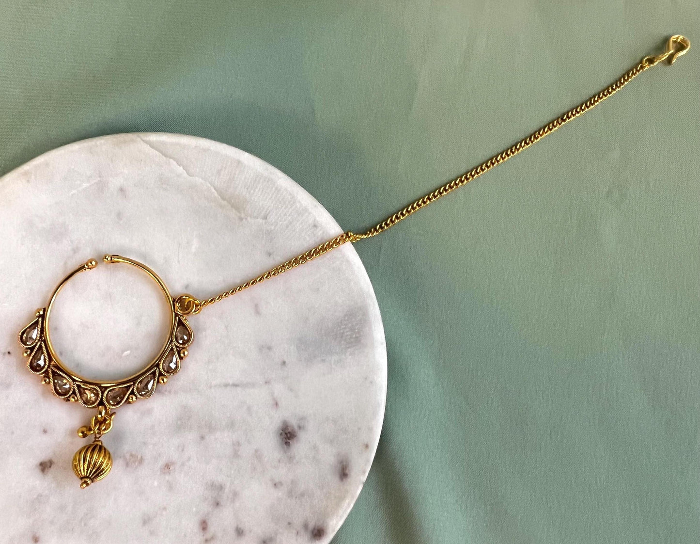 Bright Gold Non-Piercing Nose Ring - with chain/ Fashion Jewellery/ Gift/ Indian/Nath /Indian Nose Jewellery/Slide Type Nose Ring