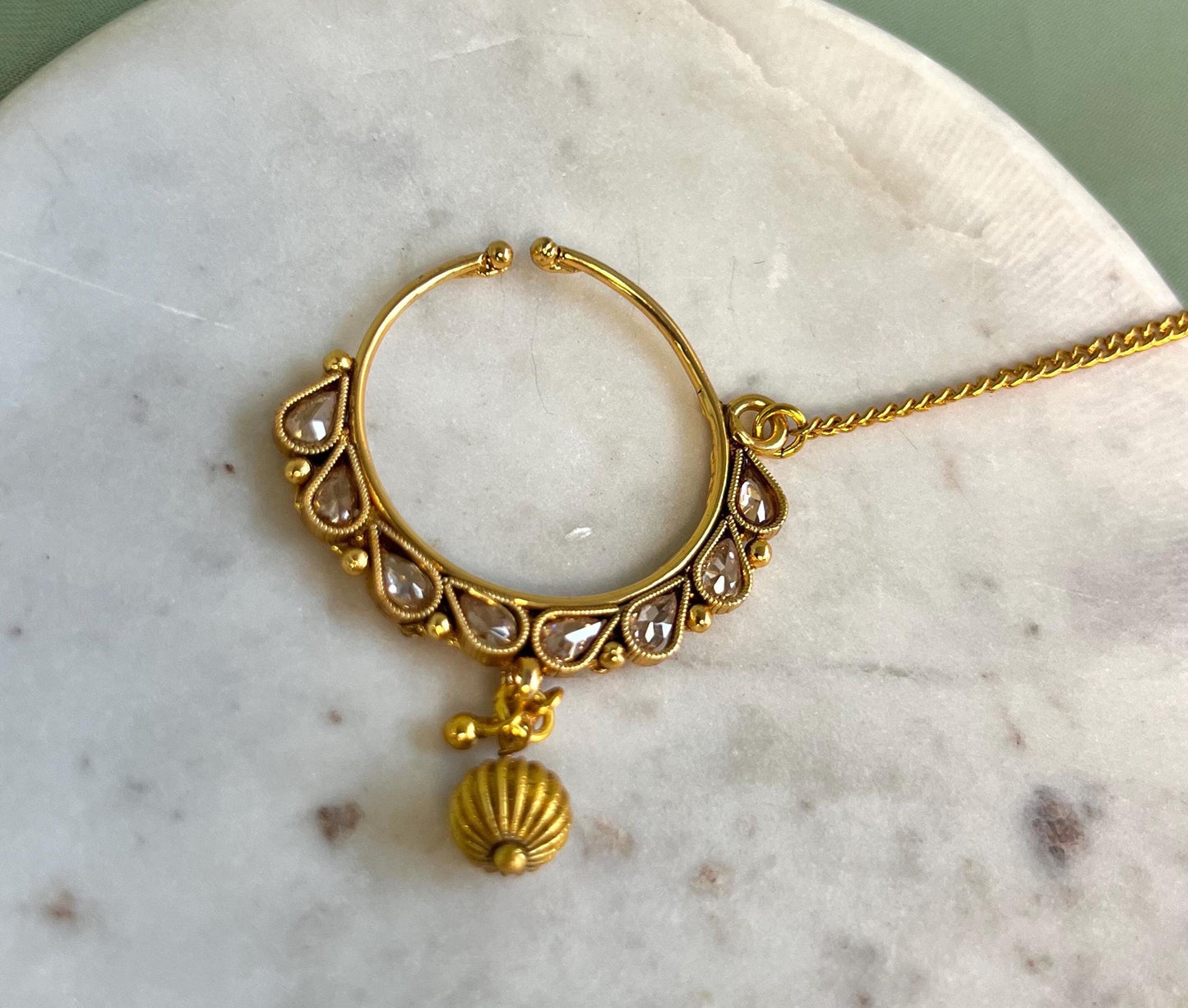 Bright Gold Non-Piercing Nose Ring - with chain/ Fashion Jewellery/ Gift/ Indian/Nath /Indian Nose Jewellery/Slide Type Nose Ring