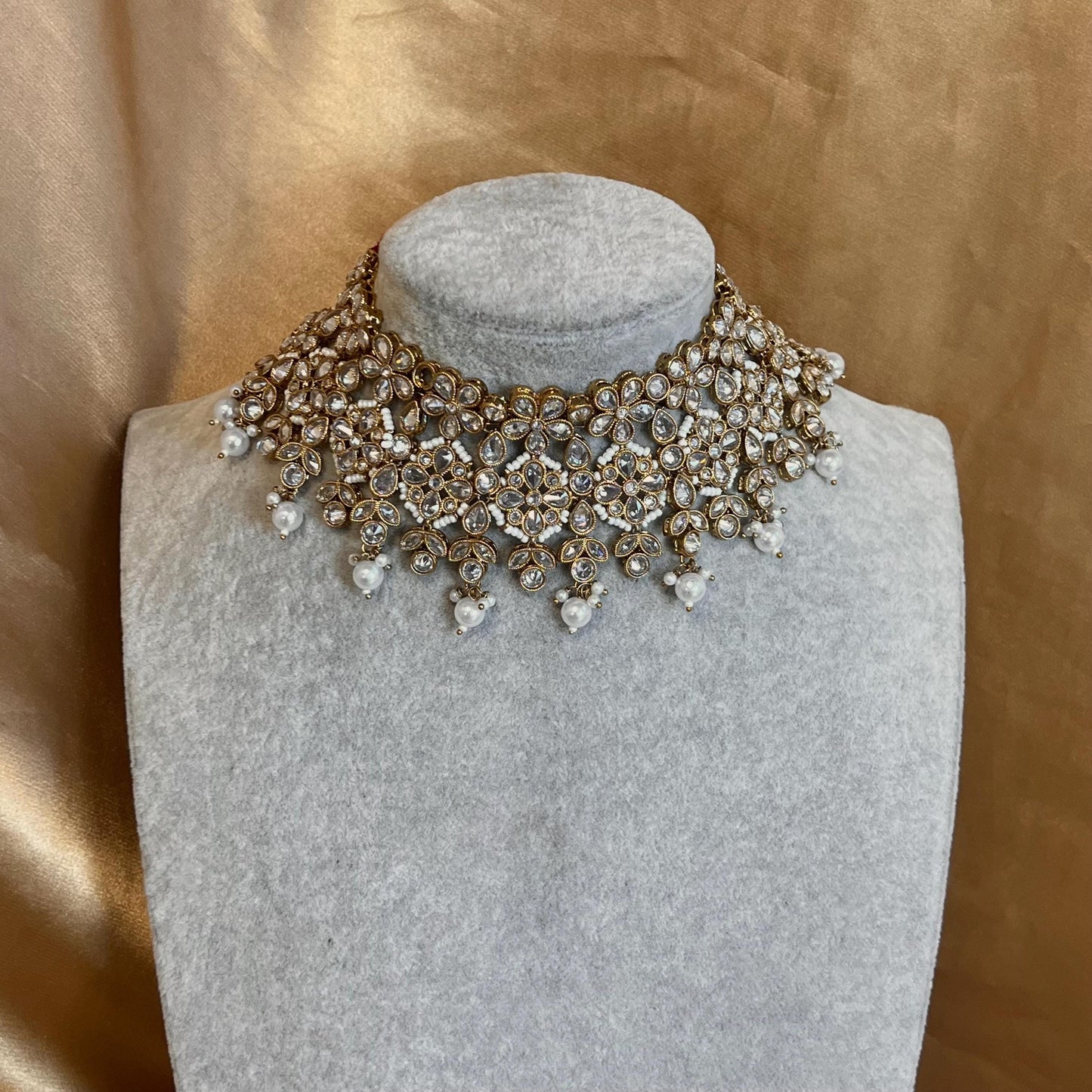 Clear Crystal Choker Only, Antique gold with Clear Zircon Crystals- Indian/ Pakistani Style/Bridal set/Wedding/ Light gold