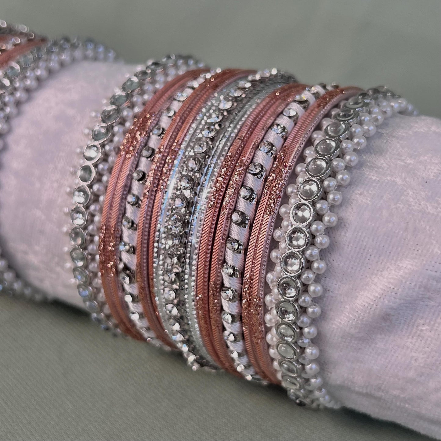 Small Silver & Pink Pearly Bangle Set - Both Arms/Pink Bangle Set/ Silver Bangle Set/ Pearly Bangle Set/Valentines Collection