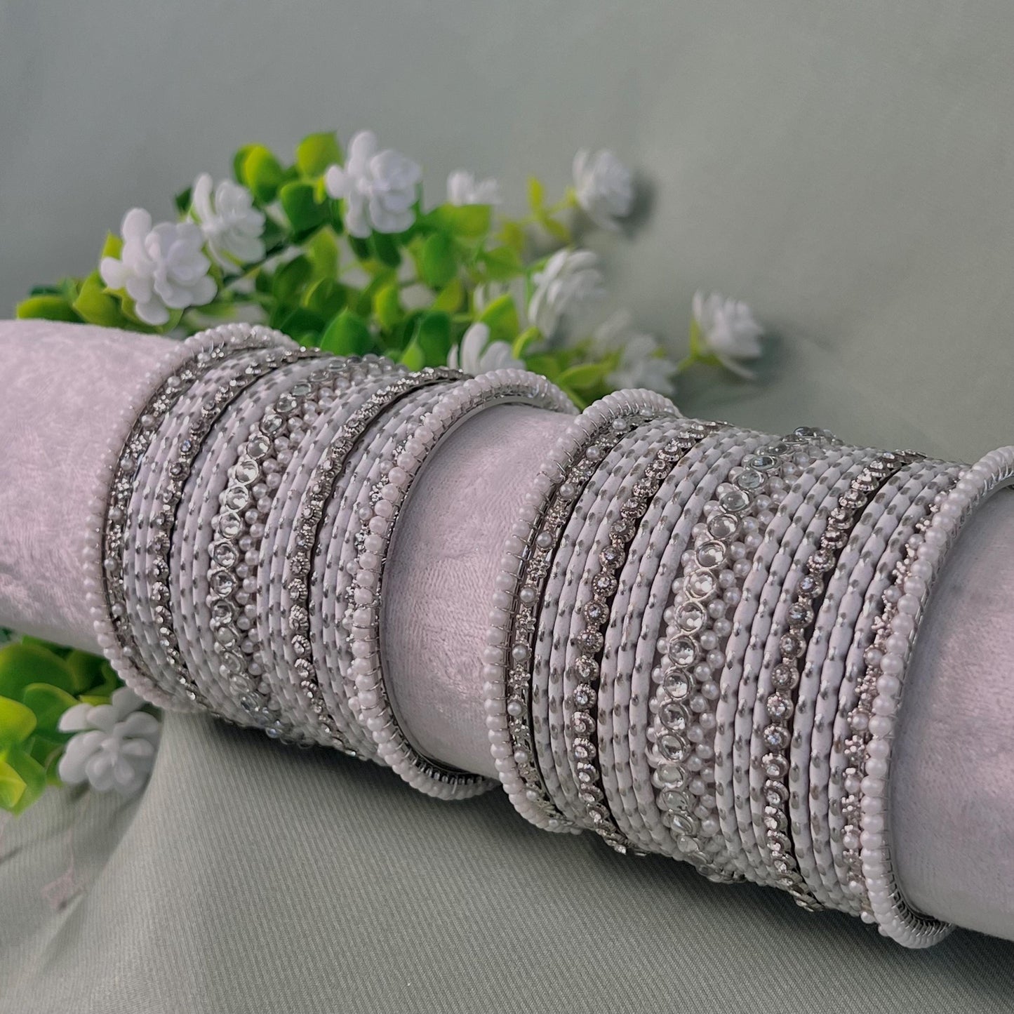 Midi White & Silver Pearly Bangle Set - Both Arms/ Silver Bangle Set/ Pearly Faux Kundan Bangles/ White Bangle Set/Indian Bangles